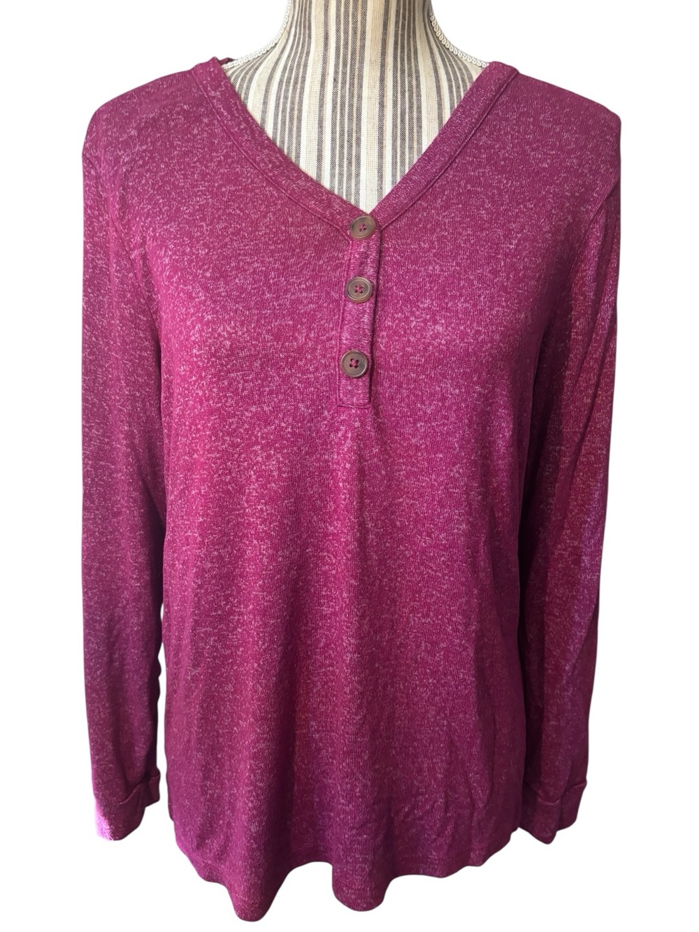 St. John's Bay Henley Top Large Petite Royal Magenta Marled Long Sleeve 3-Button